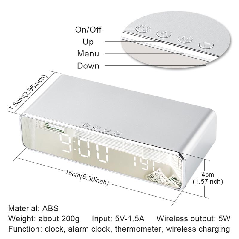 LED Electric Alarm Clock With Phone Charger Wireless Desktop Digital Thermometer Clock HD Clock Mirror With Time Memory