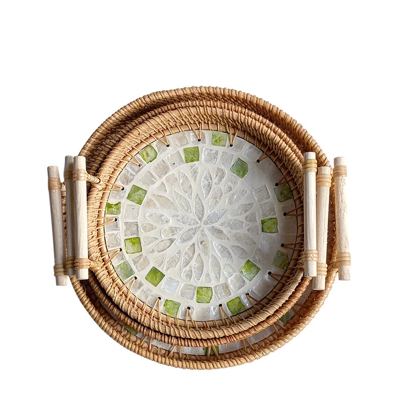 Bandejas para servir comida, bandeja para aperitivos, té de la tarde, platos para postre, ratán, fruta, plato seco, plato para dulces, pastel, hogar: Negro