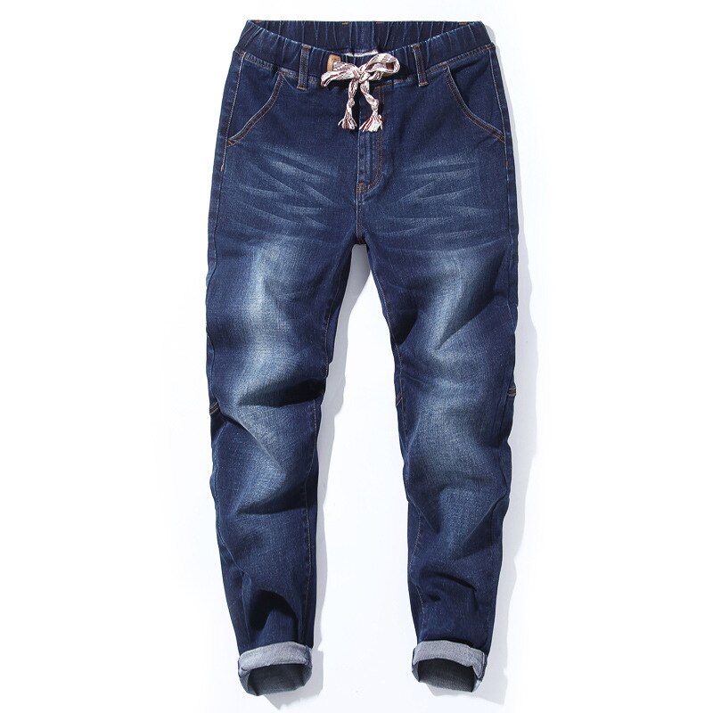 Gersri løs snor herre jeans komfortable haremsbukser til mænd plus størrelse 6xl 7xl fede jeans trendy bukser sort: Mørkeblå / M