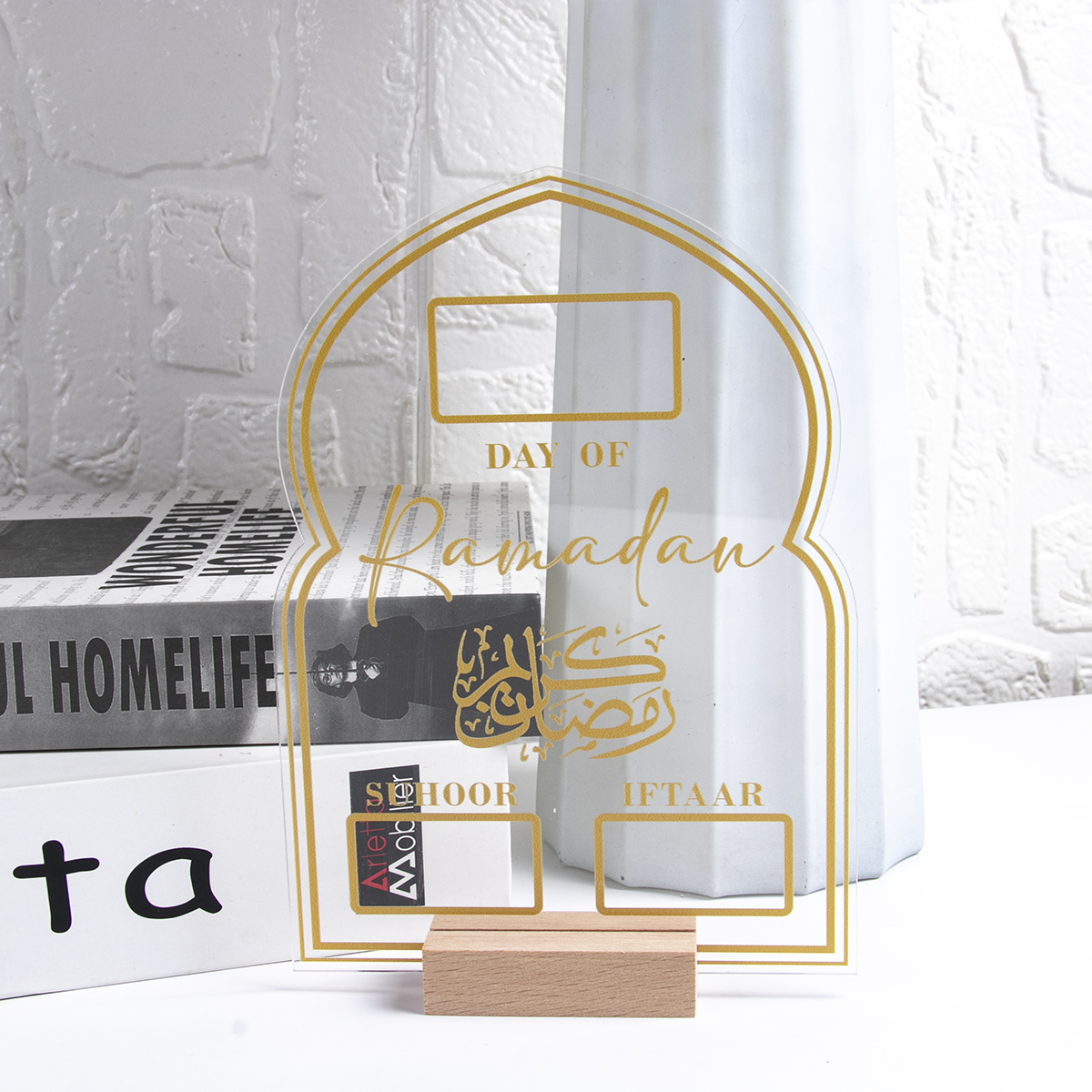 Tablero de calendario de Ramadán acrílico reutilizable 2025, con bolígrafo base de madera, adornos de mesa para el día de Adviento de Eid, musulmán islámico Eid al-fitr