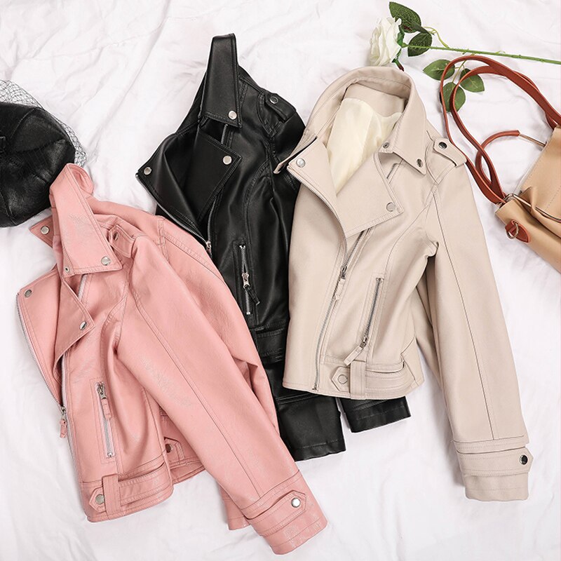 Sungtin Women Faux Leather Jacket Beige Casual Slim Motorcycle Biker Leather Coat Female Punk Streetwear Spring Autumn Jackets