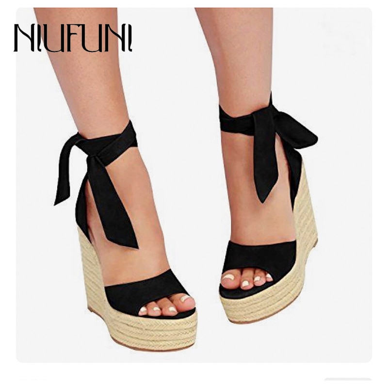 Tornozelo cinta cunha peep toe sandálias femininas plataforma gladiador salto alto niufuni mulher sapatos romanos tamanho 35-40 sandalias mujer