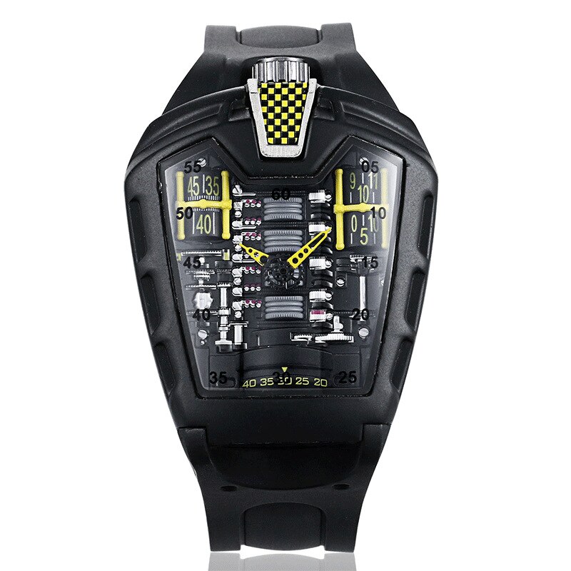 Sport Auto Konzept Racing Mechanische Stil Sechs Zylinder Motor Fach Kreative Uhr männer Uhr: Black shell yellow