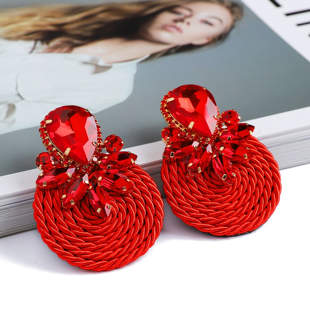 Ethnic Style Cotton Cord Weave Round Ear Accessories Vintage Sparkly Crystal Dangle Earrings For Women Luxury Jewelry: 32