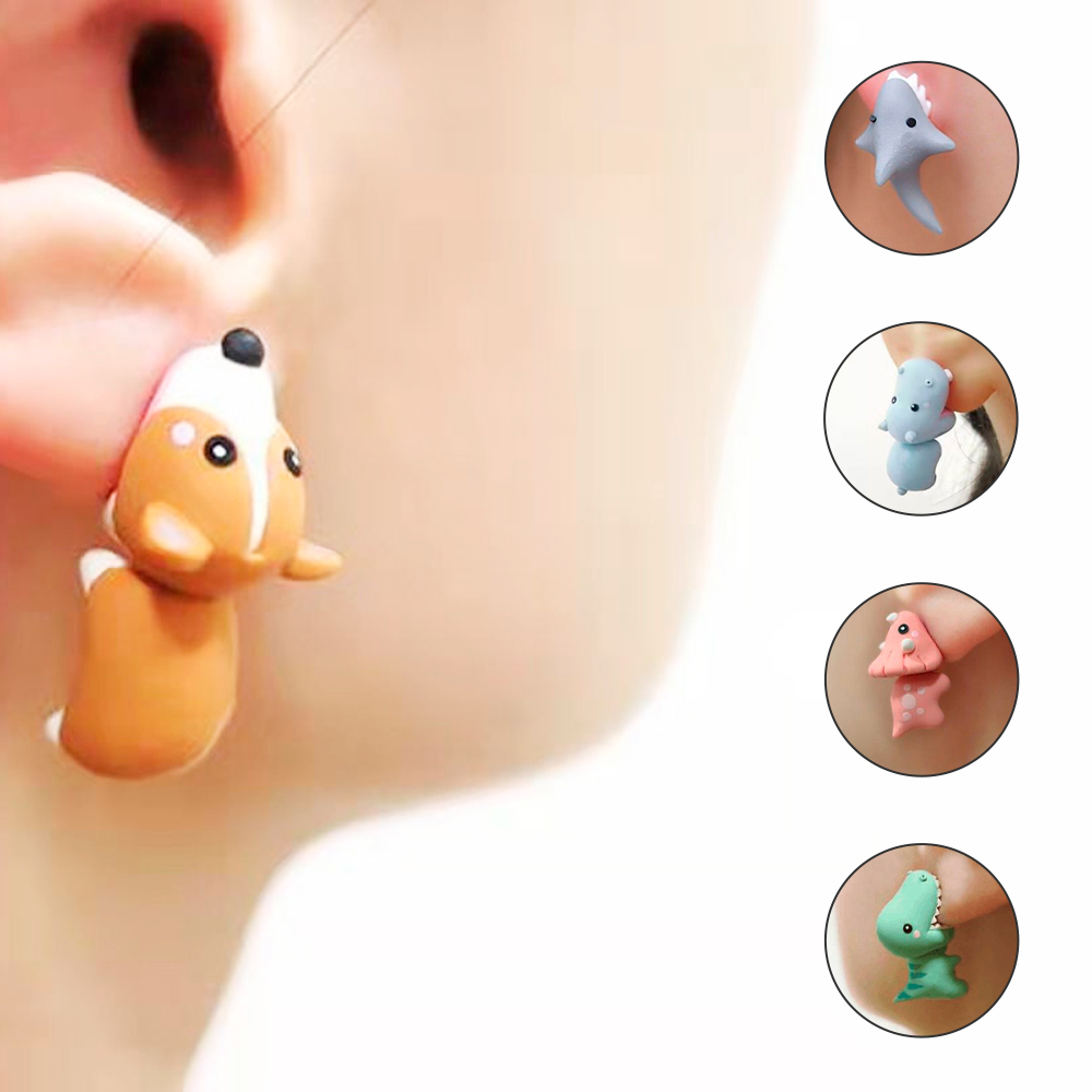 Boucles d'oreilles en forme d'animal de dessin animé pour femmes, 2 pièces/1 paire, mignon dinosaure petit chien baleine, morsure d'argile, bijoux d'oreille, amusants à la