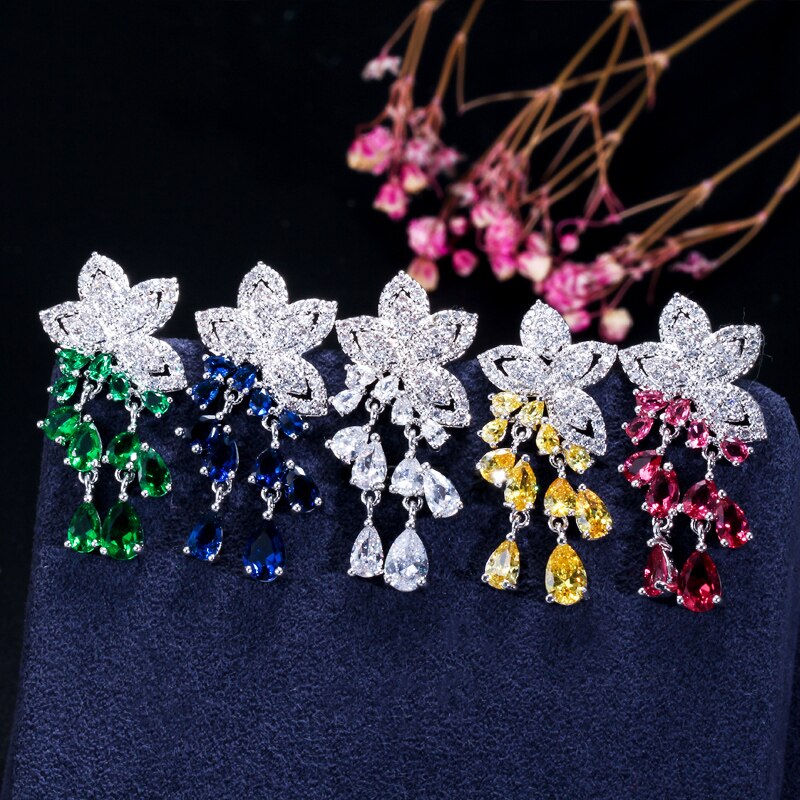 CWWZircons Cubic Zirconia Tassel Flower Earrings and Pendant Necklace Ladies Jewelry Sets T334