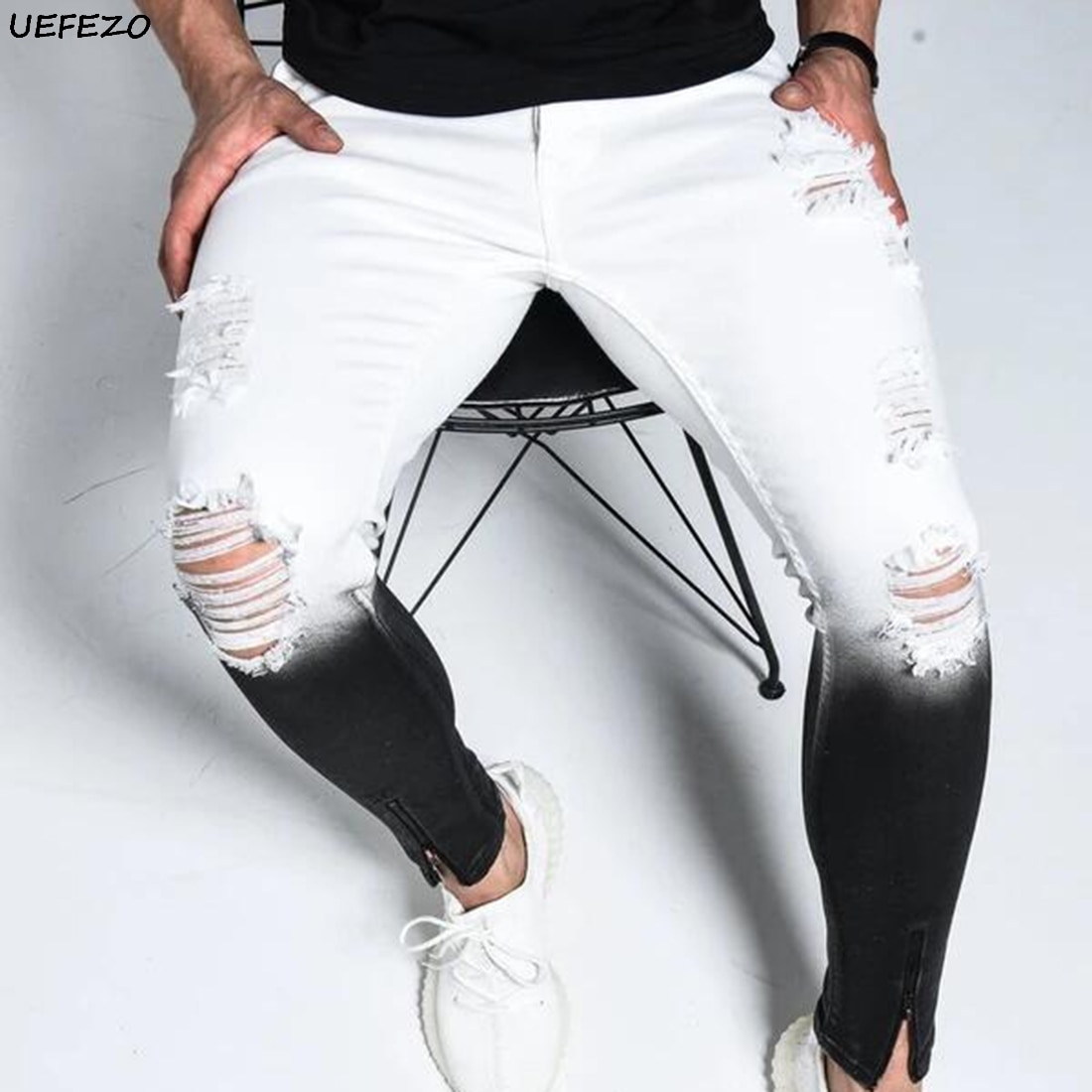 UEFEZO dégradé couleur déchiré jean hommes décontracté coupe étroite jean Slim Homme moteur motard Hip Hop fermeture éclair Denim pantalon pantalon