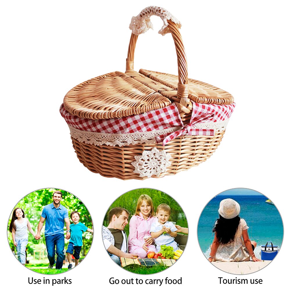 Handmade Small Picnic Wicker Basket with Handle Double-Lid Lining Outdoor Camping Rattan Weaving Fruits Food Storage Hamper