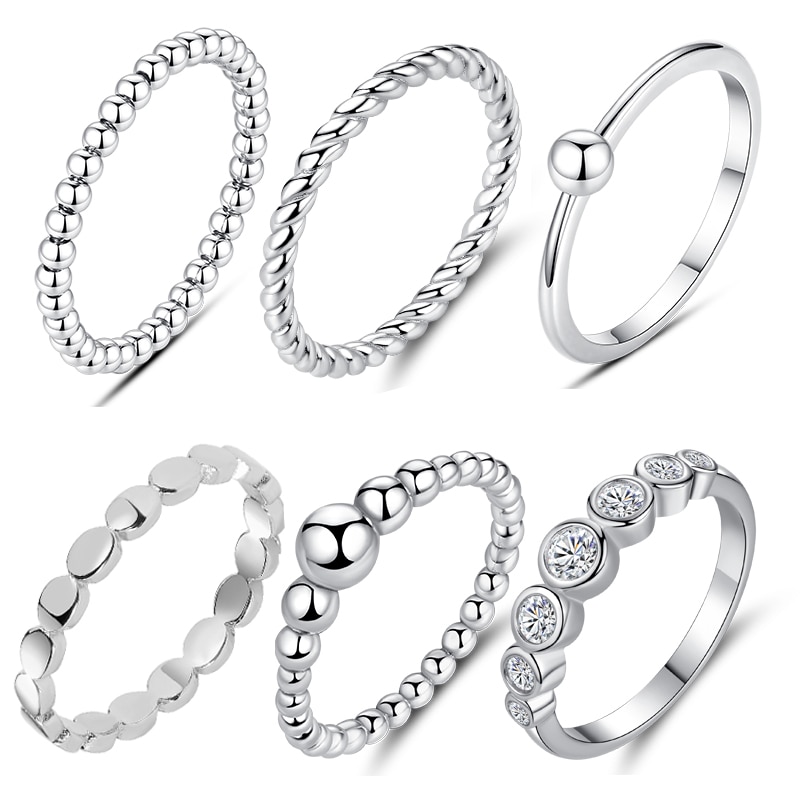 ELESHE 925 Sterling Silver Finger Rings With Crystal Zircon INS Simple Geometric Beaded Rings for Women Fine Jewelry