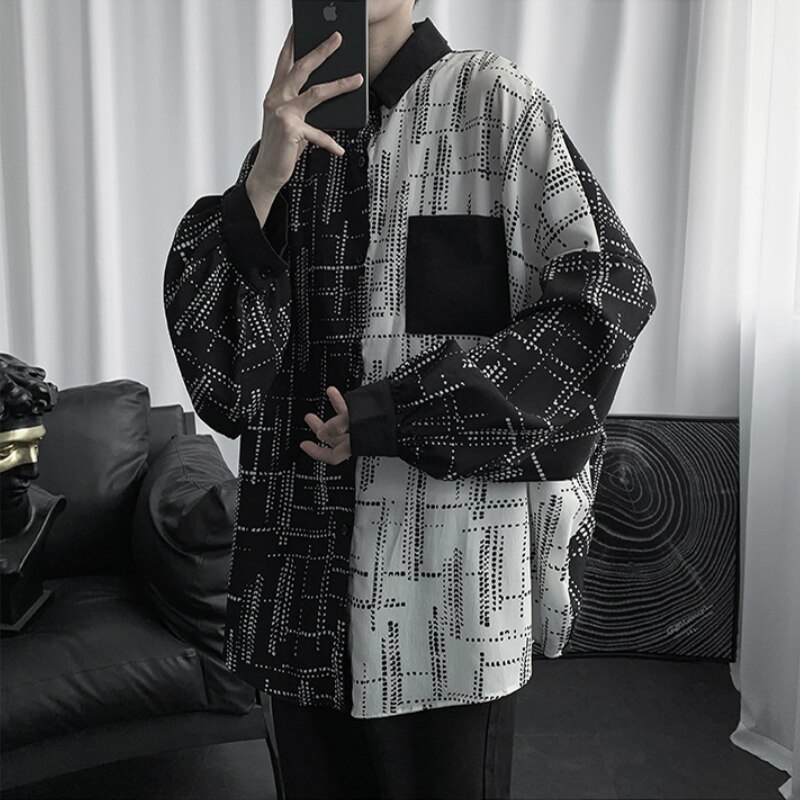 Skjorter mænd forår langærmet sort-hvid patchwork oversize vintage koreansk stil chic afslappet hip-hop løs skjorte streetwear
