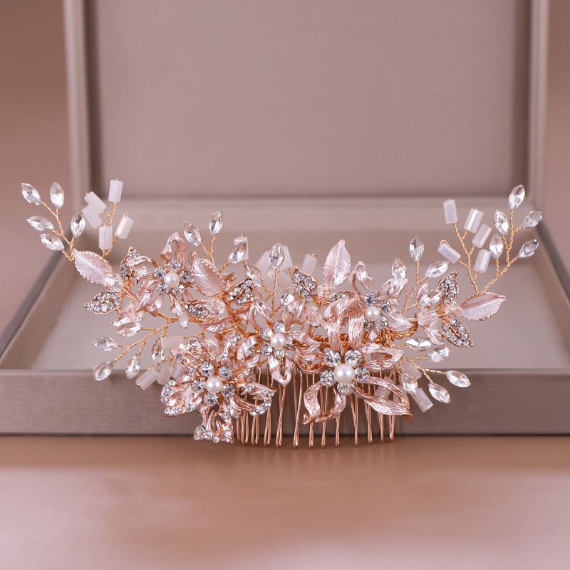 Peines para el pelo de boda con diamantes de imitación en oro rosa a la , accesorios para el pelo para novia, tocado de cristal, adornos para el pelo, joyería para el pelo de boda