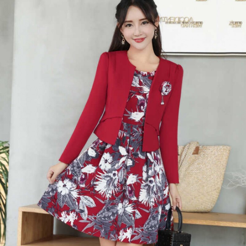 Lente Herfst Elegante Dame 2 Delige Set Vrouwen Chic Volledige Mouw Korte Jas En Mouwloze Gedrukt Jurk Twee Delige Set SL353: Rood / XL