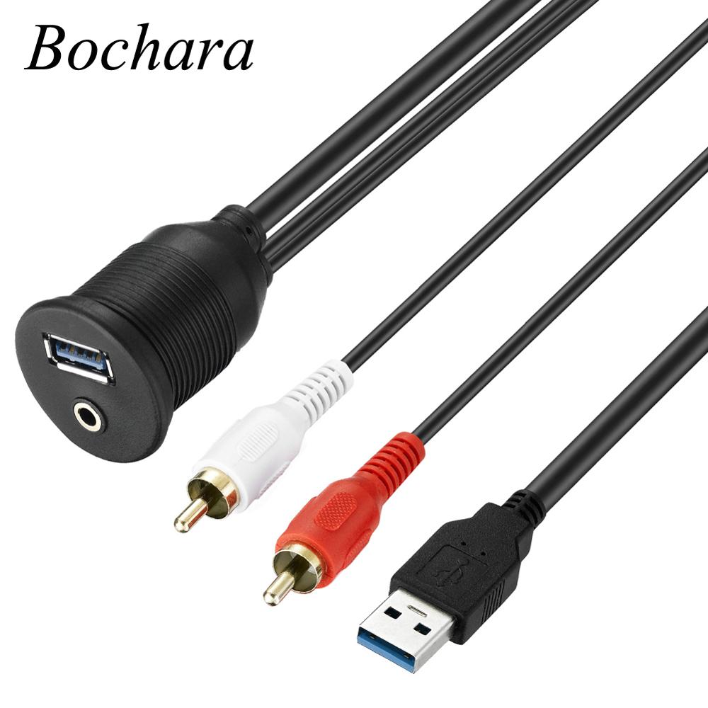 Bochara USB Flush Mount Panel USB 2.0 USB 3.0 Male to Female Extension+3.5mm Female to 2RCA Dashboard Cable For Car Motorcycle