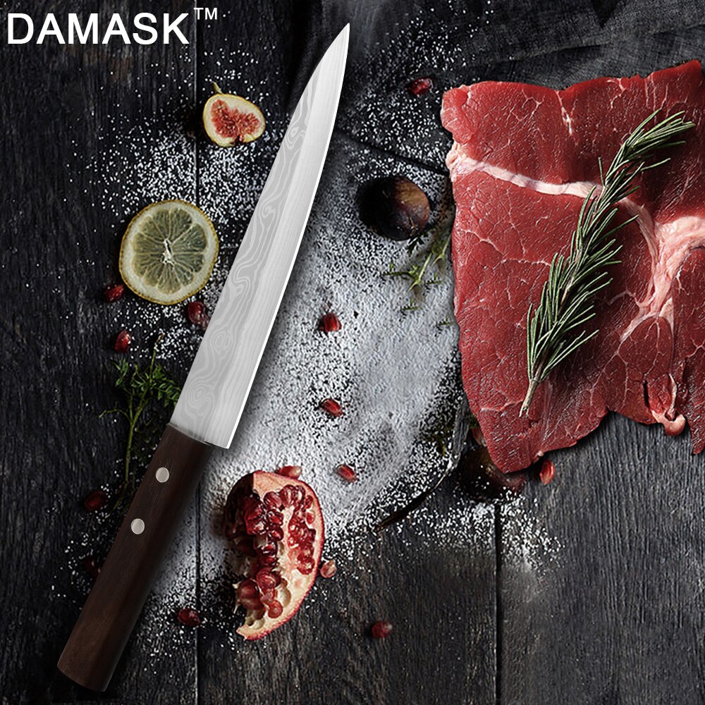 Damask 8 tommers blad sushi sashimi skjærekniv 7 cr 17 mov sylskarpt blad kokkekniver japansk restaurant beste kniv treskaft