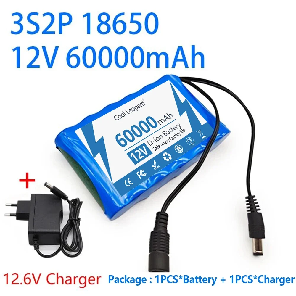 18650 12V Rechargeable Battery Portable 60000mAh 3S2P Lithium Ion Battery Pack For Electronic Types LED Lamp Light Backup Power: Pink
