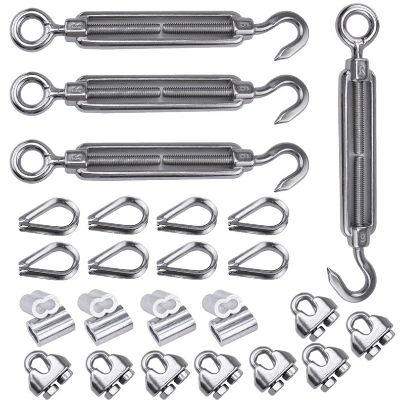 -4 Pack 1/8 Inch Cable Railing Kit Included Stainless Steel Hook Eye Turnbuckle Tension Wire Rope Cable Clamp Thimble
