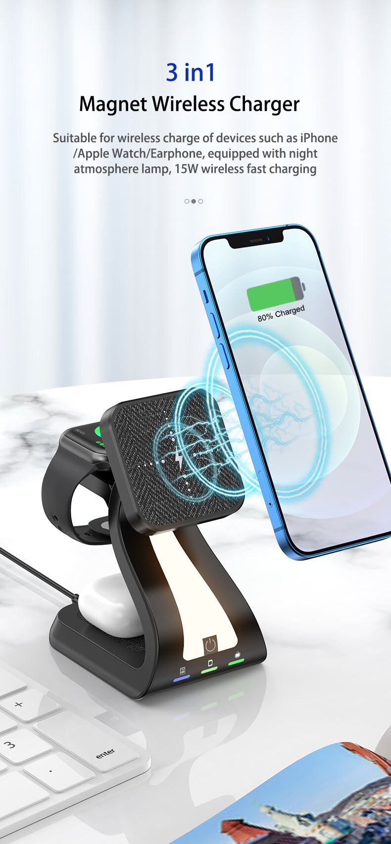 New 3 in mag safe wireless charger for iphone 13,12,11,, apple watch 6,5,4,3,2,, 1 2 pro, magnetic charging dock station