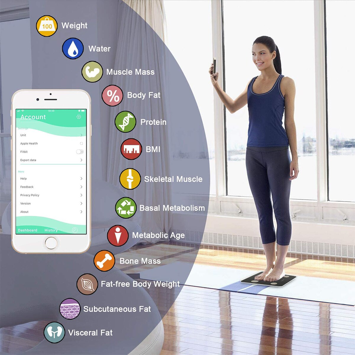 Smart Body Fat Scale Bluetooth Body Composition Analyzer Measurement of Body Weight Body Fat BMI Muscle Hydration (up to 180 kg)