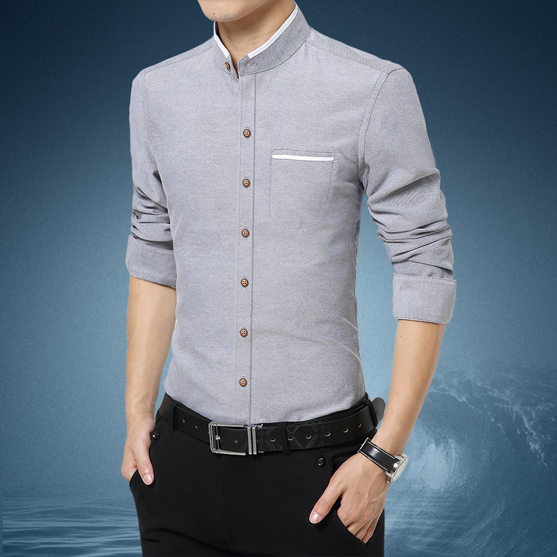 Mode Casual Mannen Shirt Lange Mouw Mandarijn Kraag Slim Fit Mannen Koreaanse Bedrijf Heren Dress Shirts Mannen Kleding M-5XL: Grijs / 5XL