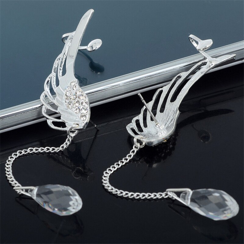 Silver Plated Angel Wing Stylist Crystal Earrings Dangle Ear Stud For Women Long Cuff Earring Bohemia Jewelrys