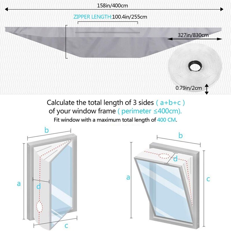 Sello de ventana de 400cm para aire acondicionado portátil y secadora, sellado de CA con Cierre adhesivo, fácil de instalar-gris