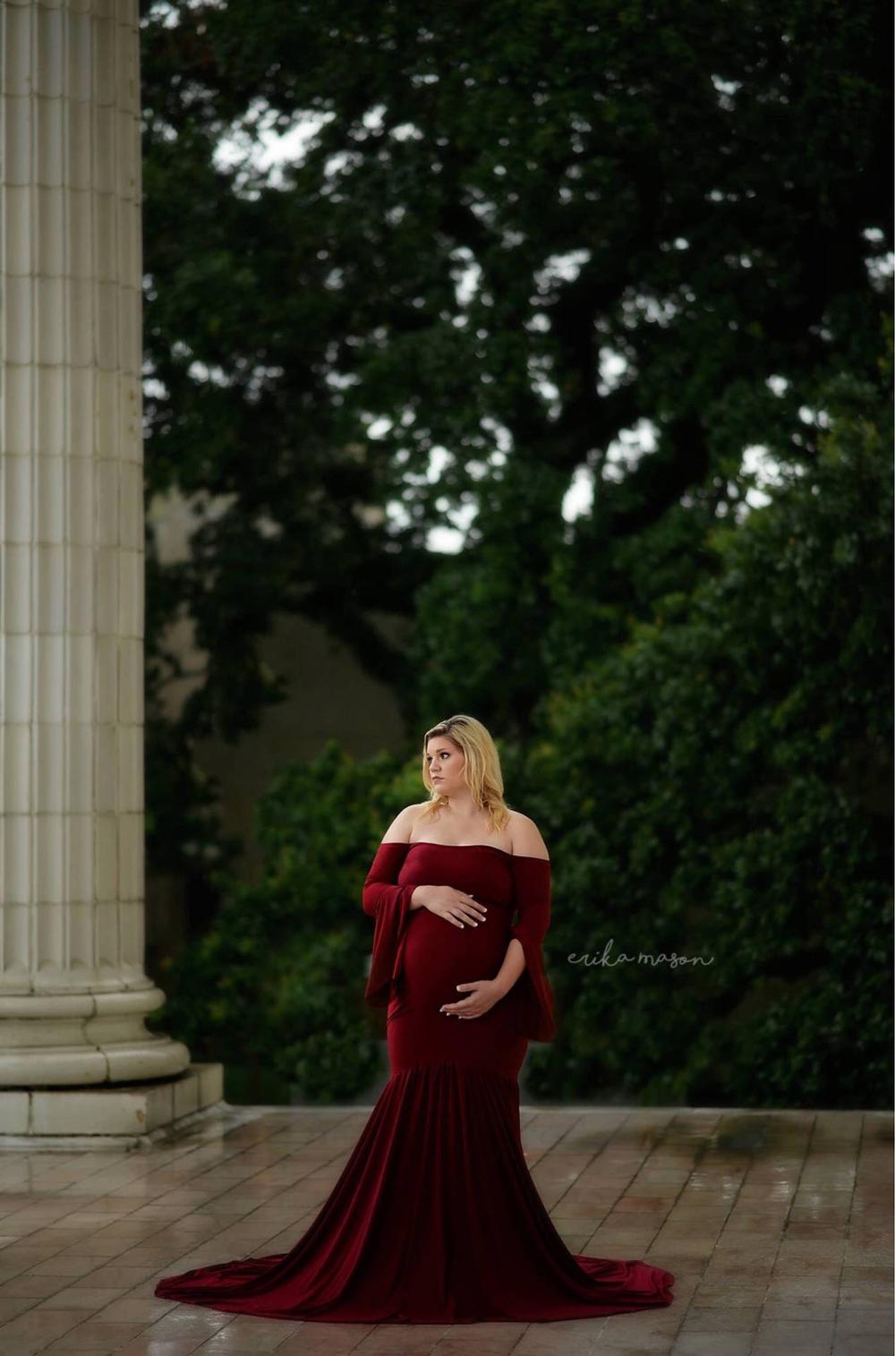 Maternity Dress For Photo Boat Neck red Dress Maternty Photography Props long Sleeve Stretch Cotton Pregnant Dress: Wine Red / L