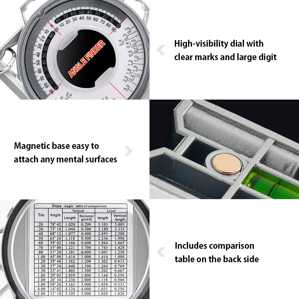 Magnetic Angle Finder Locator Inclinometer Measurement Tool Protractor Tilt Level Meter Dual Level Bubble Back Comparison Table