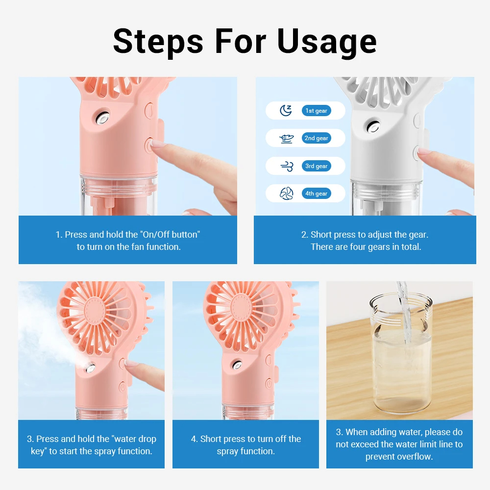 Ventilador de niebla de agua portátil, Mini ventilador de refrigeración de aire silencioso con carga USB, ventilador de pulverización de humidificación de 4 velocidades para el hogar y la Oficina