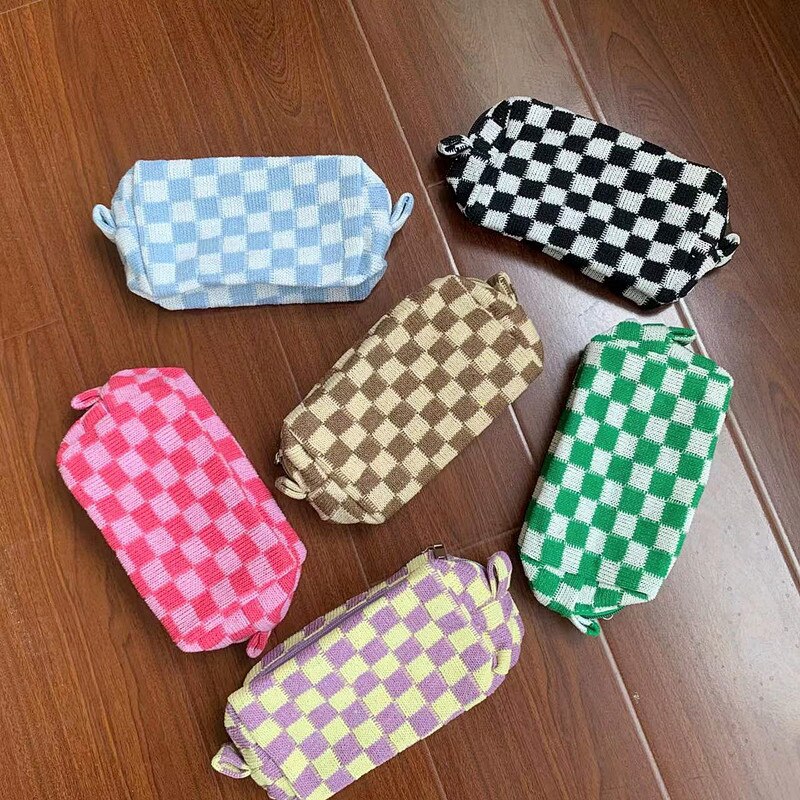Dambord Rooster Make-Up Tas Gebreide Stof Vrouwen Cosmetische Organizer Rits Beauty Pouch Pols Make Up Pouch Toilettas Case