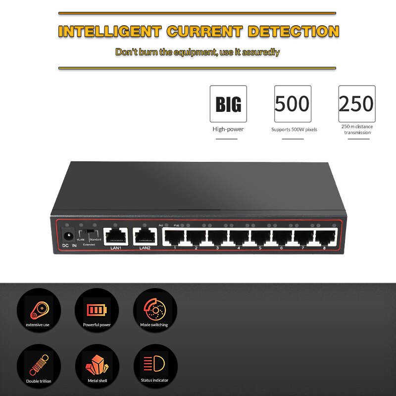 10 poort 48 V POE Switch Ethernet 10/100 Mbps Full/Half Duplex VLAN Netwerk Ethernet Switch 802.3 af/op voor IP POE CCTV Camera