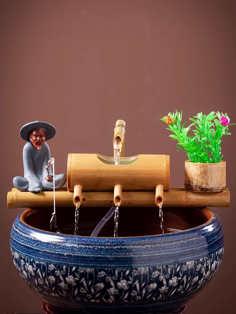 Décoration Feng Shui en bambou pour Aquarium, recyclage de l'eau, fontaine d'eau en Tube, filtre de creux en pierre, mobilier de bureau