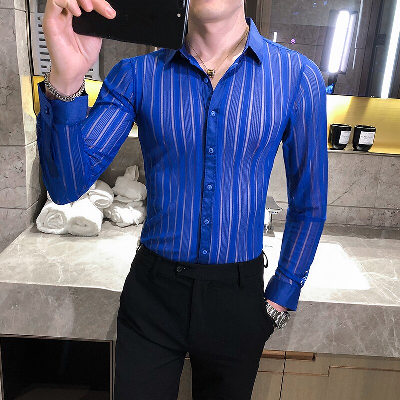 Britannico di Stile Hollow Camicia A Righe Degli Uomini di Modo di 2020 Autunno Nuovo A Maniche Lunghe Da Uomo Camicette Slim Fit Casual Prom Tuxedo Vestito 3XL-M: Royal Blue / Asian M 48-52KG