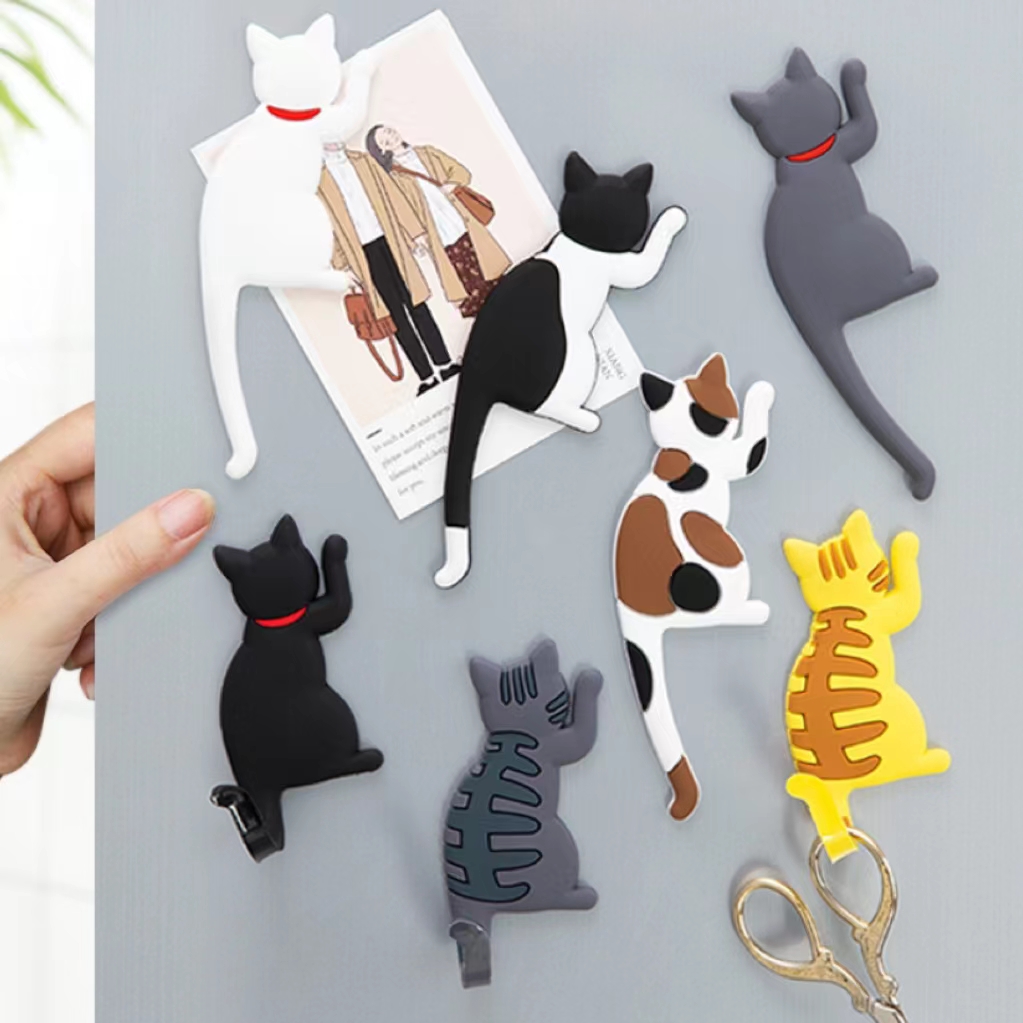Gancho adhesivo magnético para refrigerador con cola de gato, original de gato de dibujos animados, viene con imán, cola flexible, adecuado para una variedad