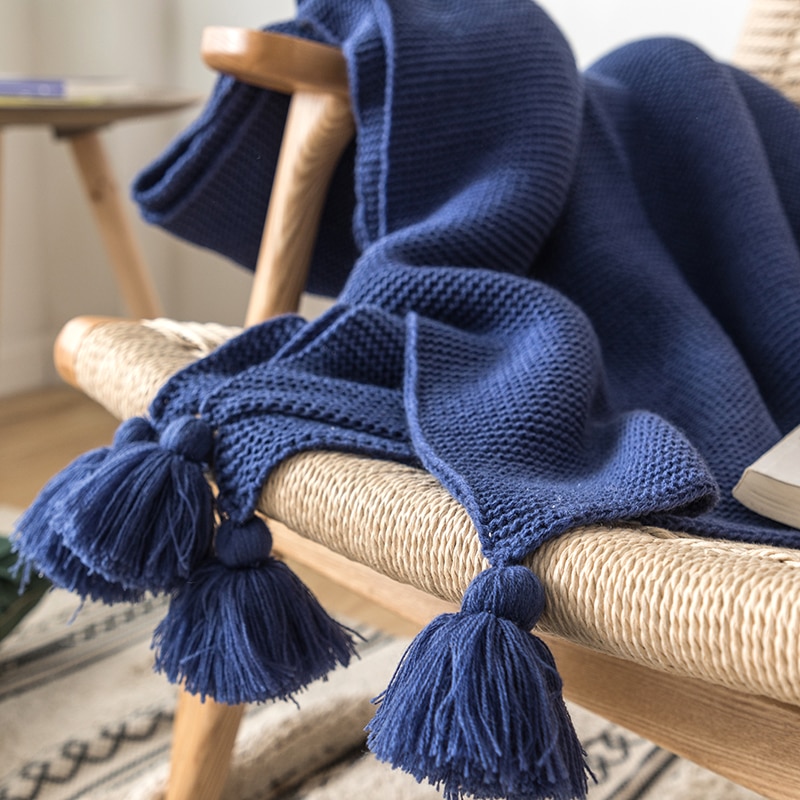 Kongeblå tæppe sofa strik kaste tæppe solid blød pompon kvaster tæppe rejse 130 x 160cm hjemmesofastol sovesofa 50 " x62 "