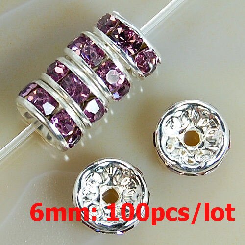 6mm 100 sztuk Metal srebrny Plated kryształ Rhinestone Rondelle koraliki dystansowe luzem koraliki dla DIY akcesoria do wyrobu biżuterii Supplie: Purple
