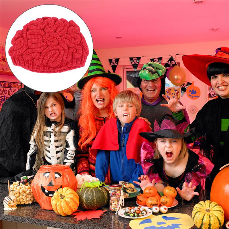 1pc Halloween Hat Spoof Horror Brain Shape Cap Hand-knit Prank Cap for Halloween