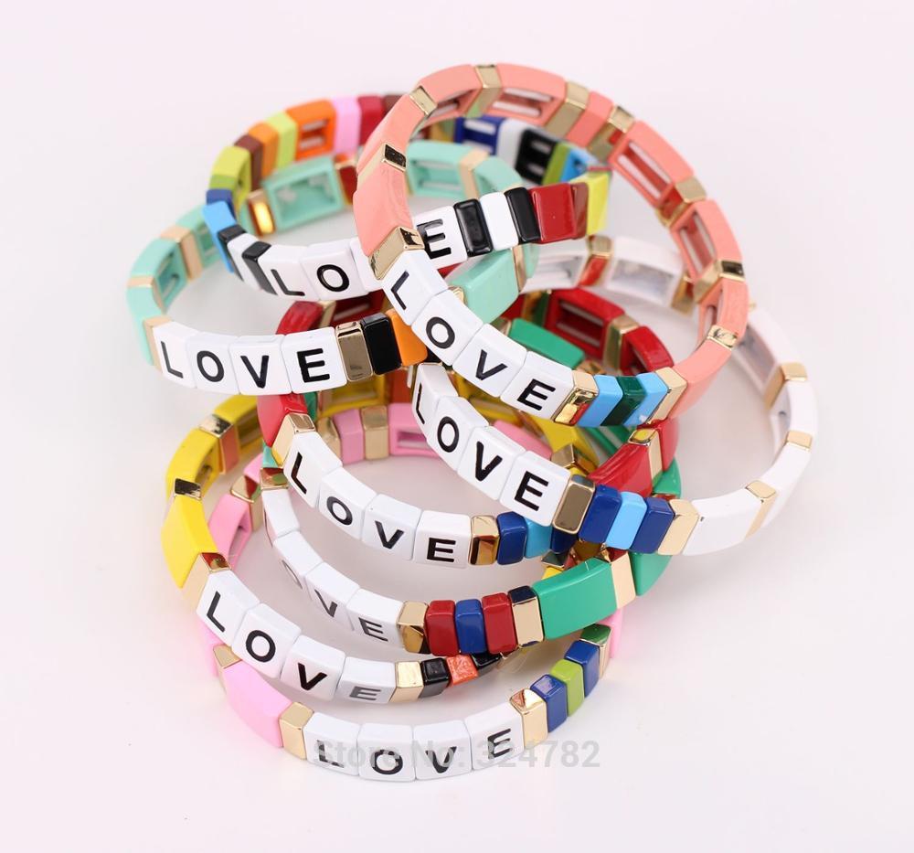 3- strengs tegelarmband, tila-armband, rekbare armbanden met emaille liefdesbriefkralen