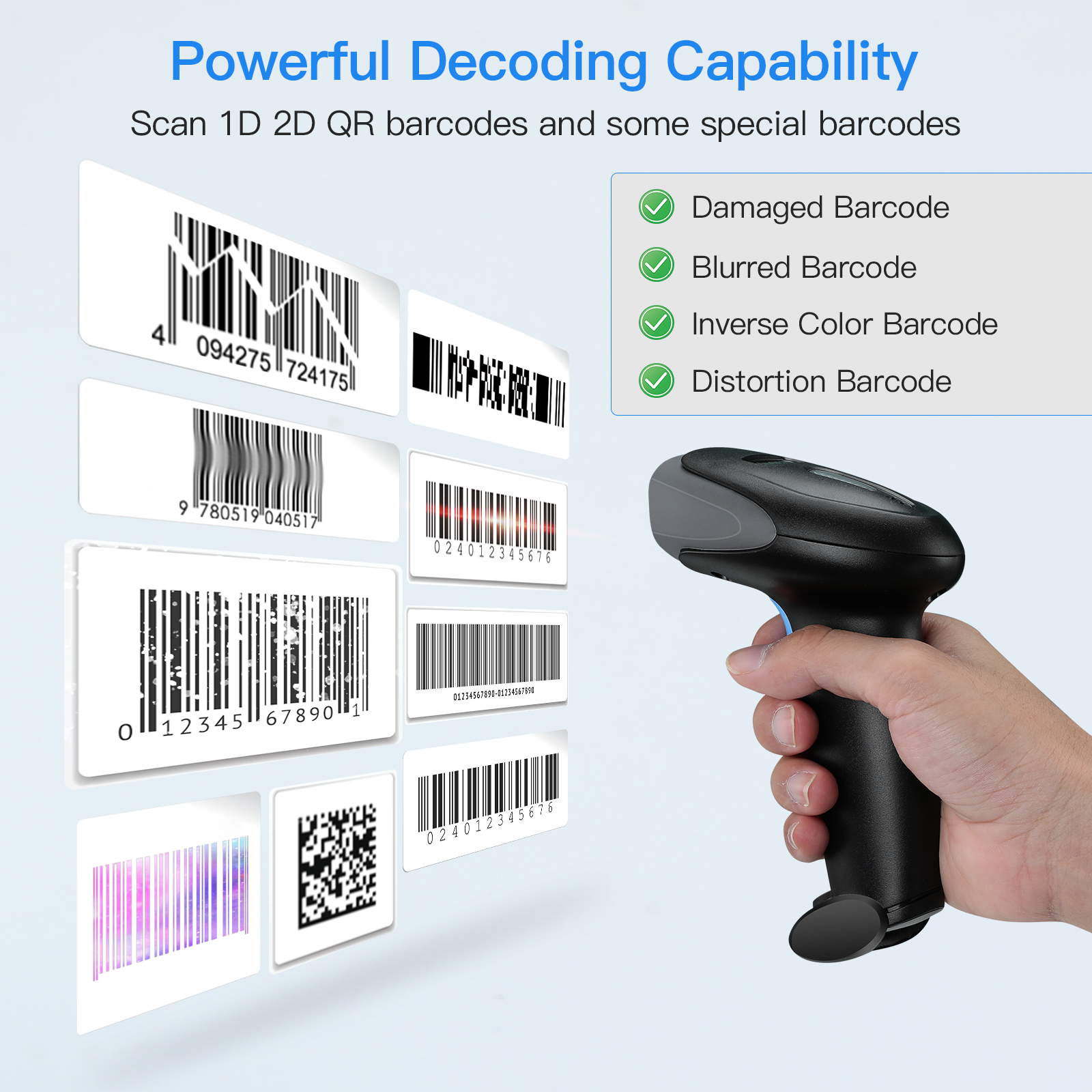Eyoyo 1D 2D Wireless Barcode Scanner USB Wired Cordless Rechargeable Scanner for Inventory Management,Handheld Bar Code Reader