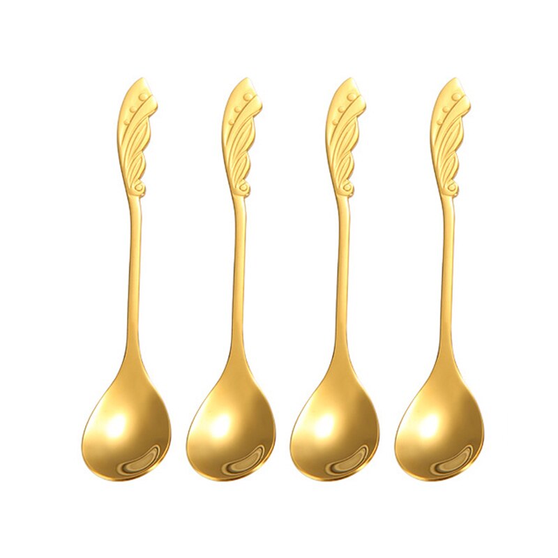 4 Pcs/Lot Mini Spoon Set 12 Cm Tiny Coffee Spoons 304 Stainless Steel Rose Wing-shaped Serving Dessert Spoon Set: Gold 4 Pcs