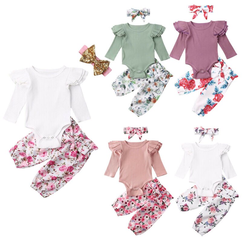 3Pcs Infant Baby Girls Tops Romper Floral Pants Outfits Set Clothes