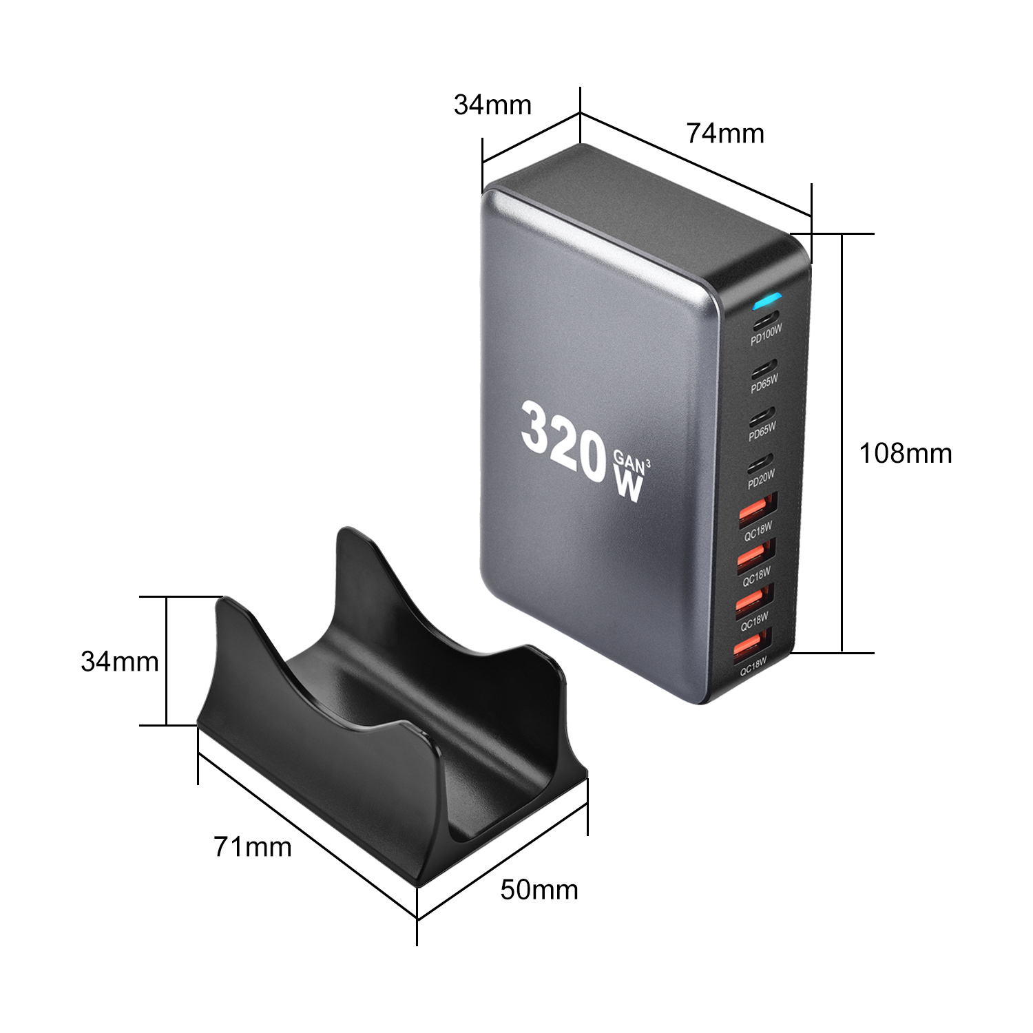 Cargador GaN de escritorio rápido USB C de 320W, cargador PD USB tipo C de 8 puertos, carga rápida 3,0 USB tipo C, cargador rápido para móvil