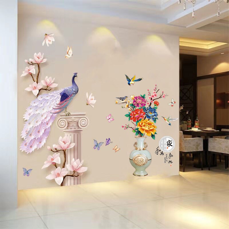 Chinese Style 3D Peacock Wall Stickers Large Bottle Flowers Vinyl Living Room Hallway Bedroom Home Decor Decoration Poster