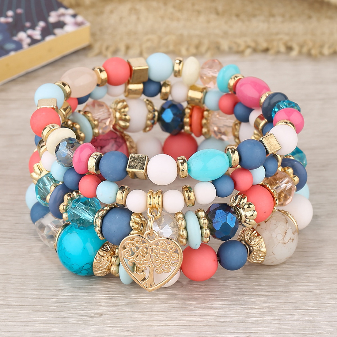 Conjunto de pulsera de corazón de árbol de la vida para mujer, cadena de cuentas de cristal acrílico, brazalete elástico, joyería de de femenina, 4 Uds.: VERMEIL