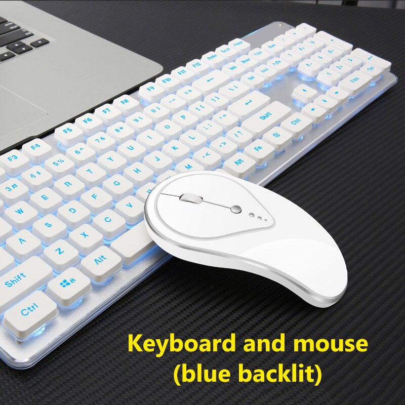 2.4g claviers de jeu sans fil, souris, imitation clavier mécanique, souris de jeu pour ordinateur lenovo, macbook, clavier rétroéclairé: Ensemble (rétroéclairé bleu)