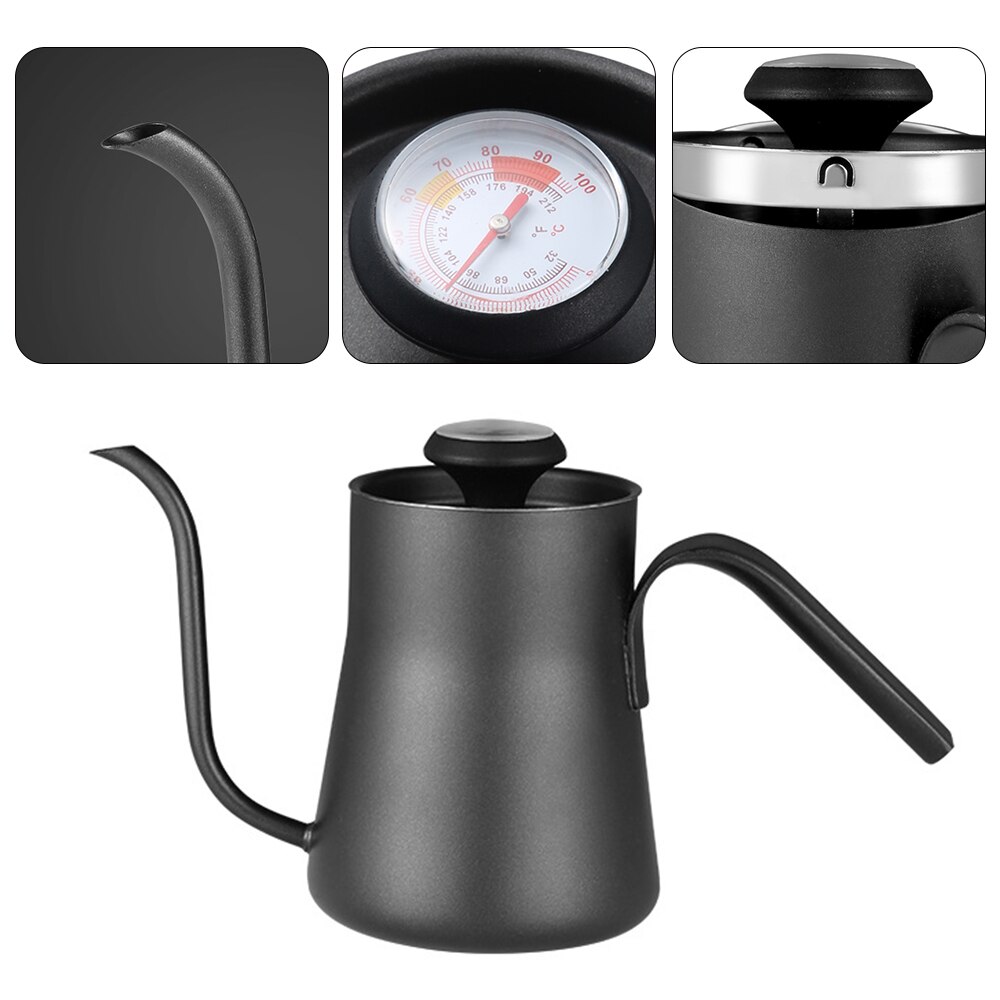 Drip Kettle 550ml Coffee Tea Pot With Thermometer Stainless Steel Gooseneck Drip Kettle Swan Neck Thin Spout For Pour Over