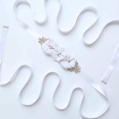 Zomer strand bruiloft bloemen riemen voor bruid parel chiffon bloemen riemen sjerpen kristal bruidsaccessoires ceinture mariage: Wit