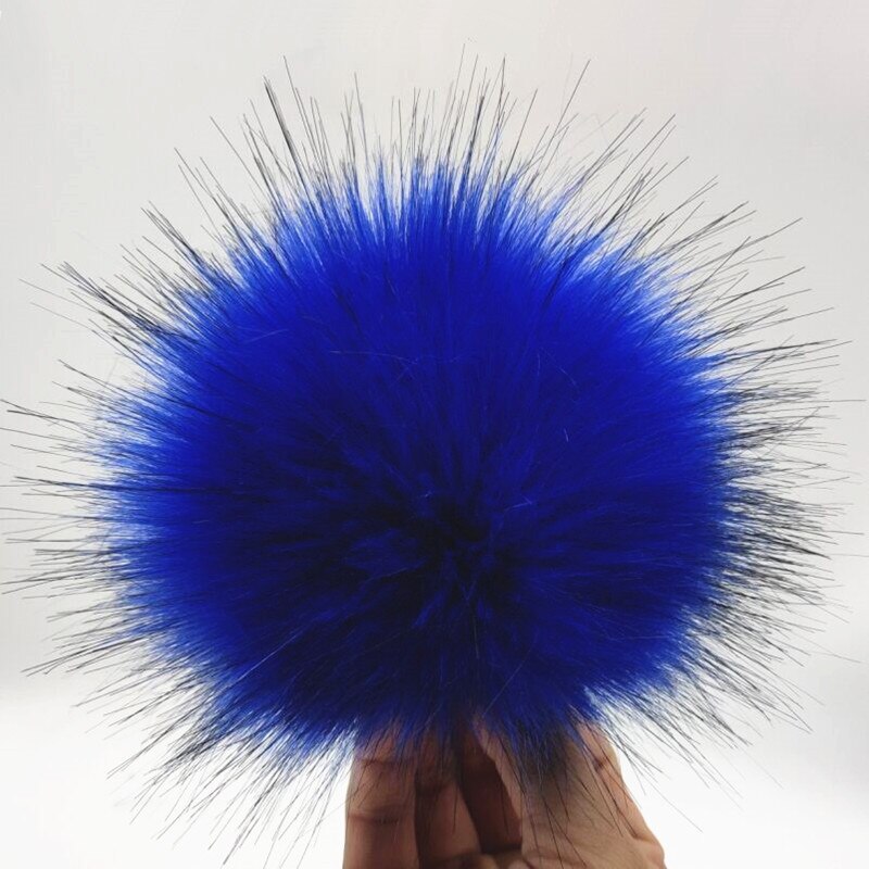 Boule en fausse fourrure colorée pour bonnets 12cm, pompon en fourrure artificielle pour bonnet, sac pour chaussures avec bouton-pression: Bleu