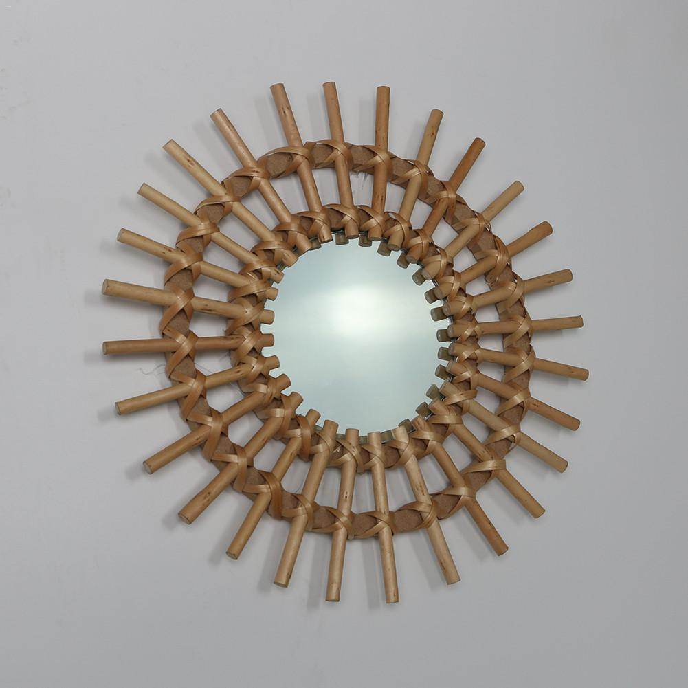 Espejo de maquillaje redondo de ratán , tocador para baño, espejo de tocador colgante para pared, decoración artística para el hogar