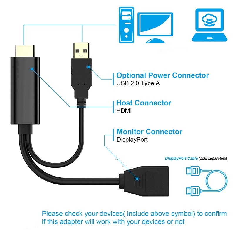 HDMI Male Extensions 3840X2160 UHD 4K to Display Port Female Adapter Cable USB 2.0 Power Connector for PC DP