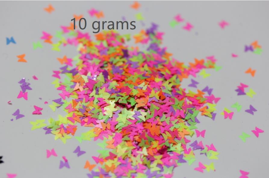 Neon opløsningsmiddel resistente sommerfugl glitter spangles til nail art og anden gør-det-selv dekoration: 10 gram